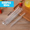 A set of 600 white reusable plastic drinking straws is displayed on a wooden board next to a strawberry.