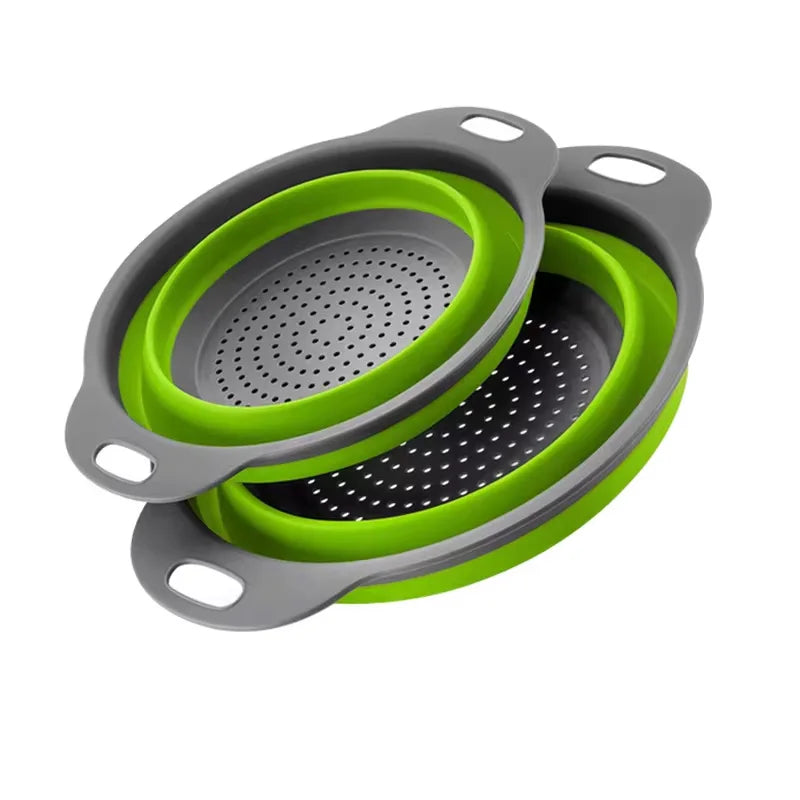 A silicone folding drain basket in gray and lime green, designed for kitchen and fruit washing.