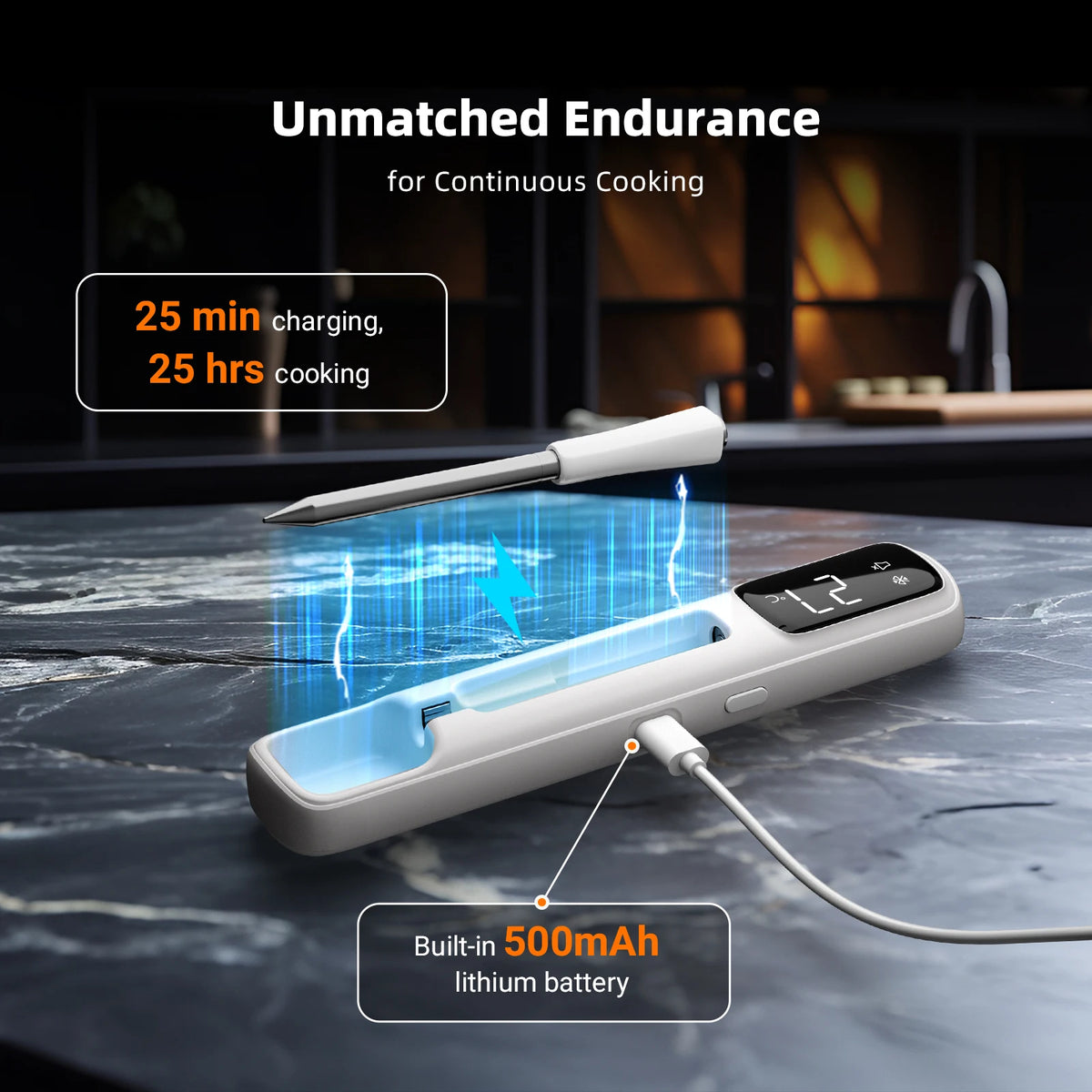 A white mini Bluetooth meat thermometer is shown resting on a dark surface with a charging cable connected.