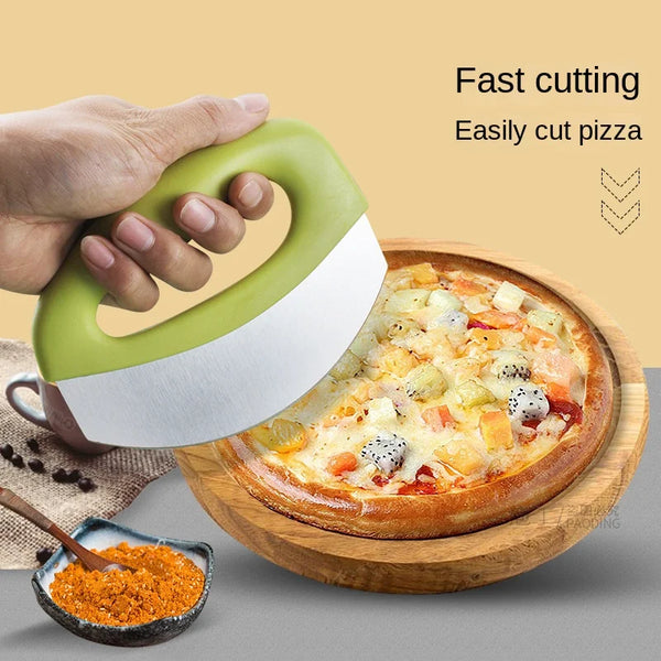 A hand is using a green stainless steel pizza cutter with a protective cover to easily cut a pizza.