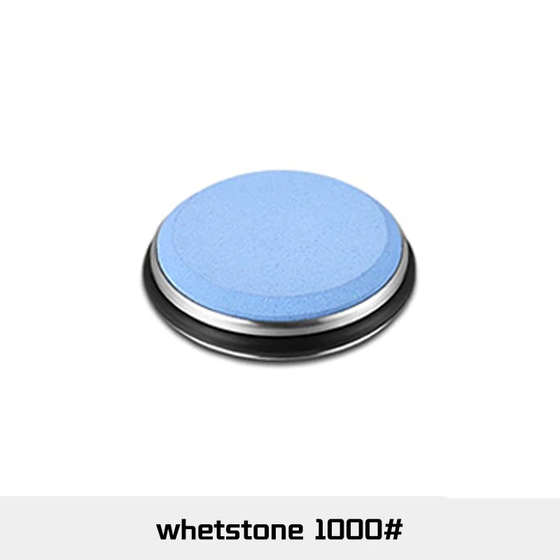 A round, light blue sharpening roller with a silver rim.