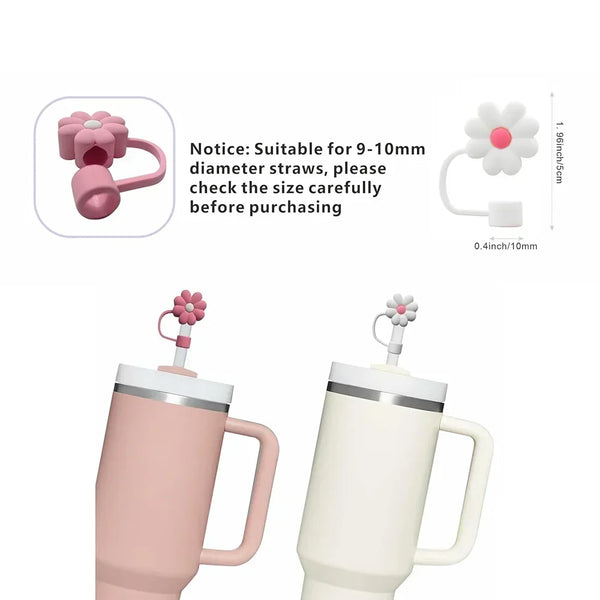 Set wiederverwendbare Silikonstrohhalmdeckel und Reinigungsbürsten in rosa und weiß.
