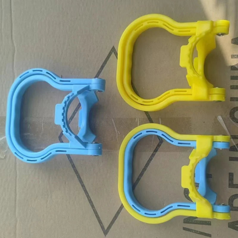Three plastic adjustable racks for holding water bottles or buckets in yellow and blue colors
