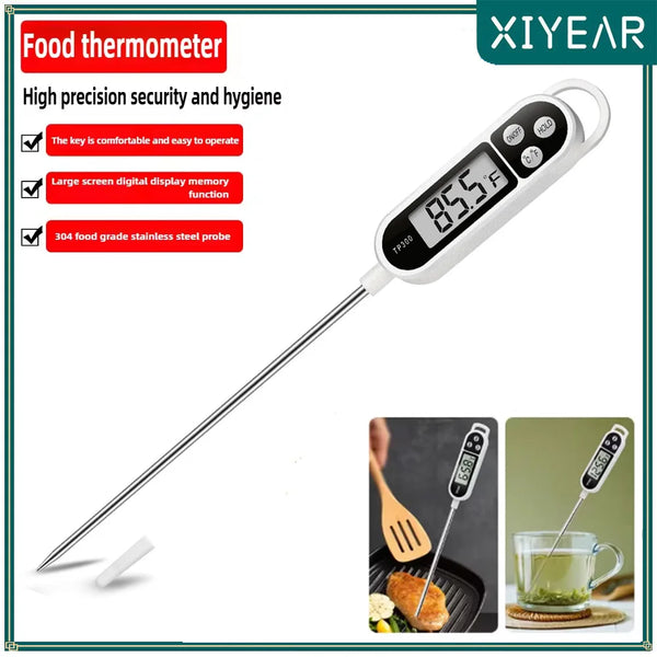 A white digital meat thermometer with a long stainless steel probe is shown next to food items.
