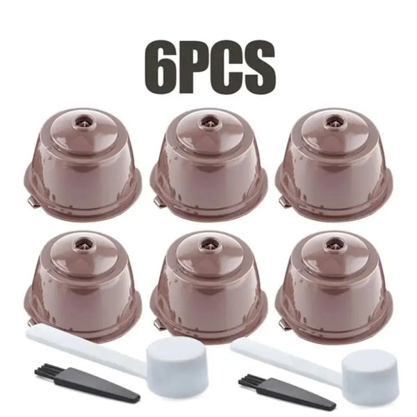 Six reusable coffee capsule pods in a brown color with white lids and black caps.