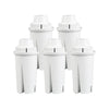 Four white replacement water filters for Brita pitchers and dispensers arranged in a row.