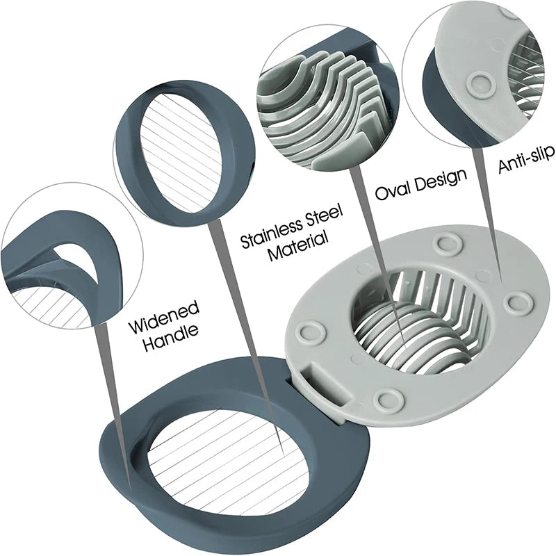 A collection of stainless steel egg slicers and fruit cutters showing various designs including oval and widened handles.