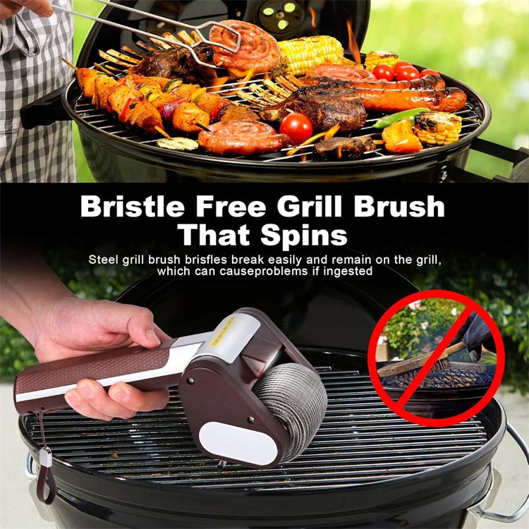 A hand holds a brown and white electric grill brush resting on a black BBQ grill grate.