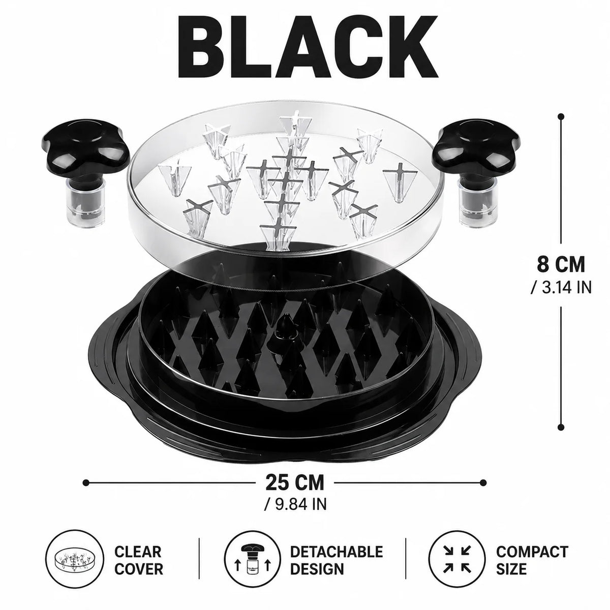 Black manual chicken meat shredder with a clear lid and detachable design