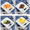 A set of four precision digital kitchen scales displaying various food items like bread, cinnamon sticks, seaweed, and banana