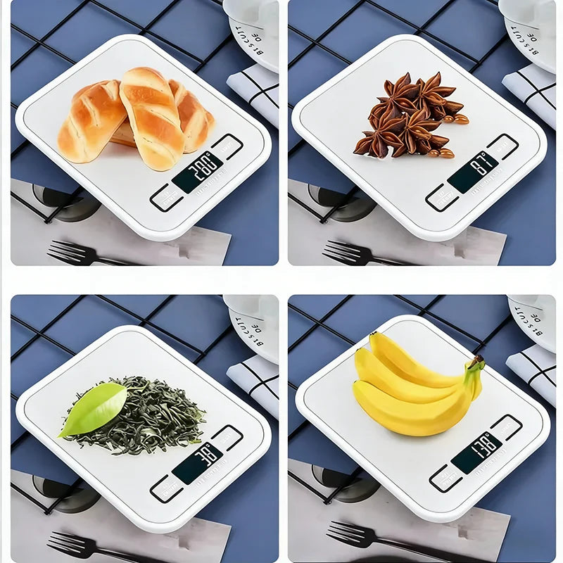 A set of four precision digital kitchen scales displaying various food items like bread, cinnamon sticks, seaweed, and banana