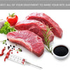 A raw beef steak is shown next to a syringe and herbs, illustrating the use of a meat injector kit.