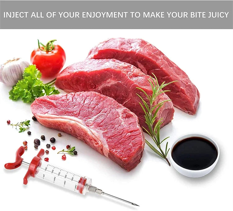 A raw beef steak is shown next to a syringe and herbs, illustrating the use of a meat injector kit.