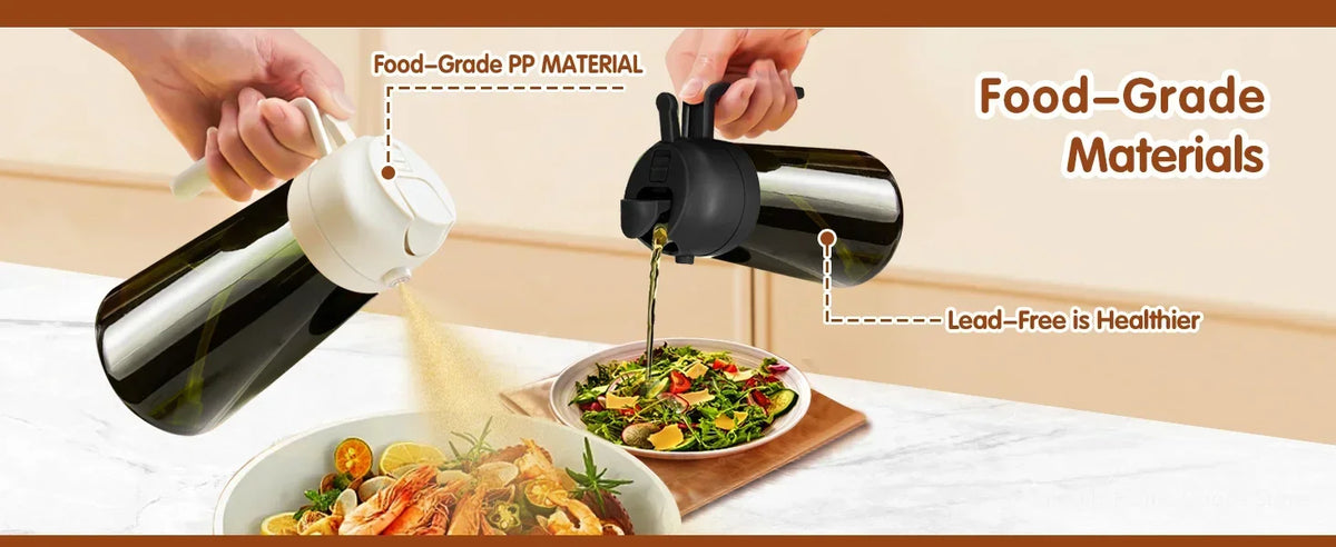A hand is pouring oil from a black glass dispenser into a plate of food, highlighting food-grade, lead-free materials.