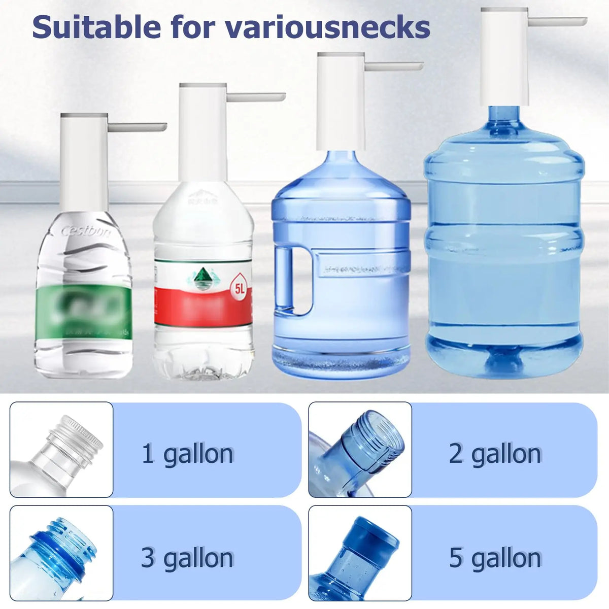 Verschiedene Flaschenhälse mit einem automatischen, faltbaren elektrischen Wasserdispenser für verschiedene Flaschengrößen.
