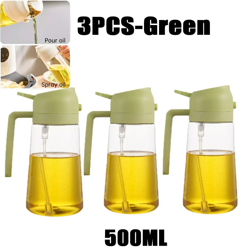Three green 500ml oil spray bottles shown with oil inside and a pouring mechanism.