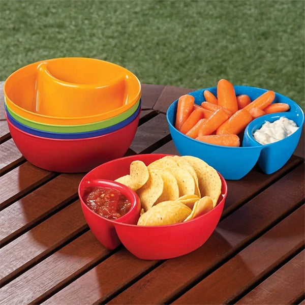 Set of colorful bowls for dipping french fries and snacks, including orange carrots and a white dip.