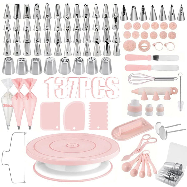 A pink cake decorating kit featuring various piping tips, spatulas, and a turntable for cake decoration.