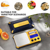 A blue and yellow digital pocket scale is shown with various food items, including citrus fruits and nuts, demonstrating its 