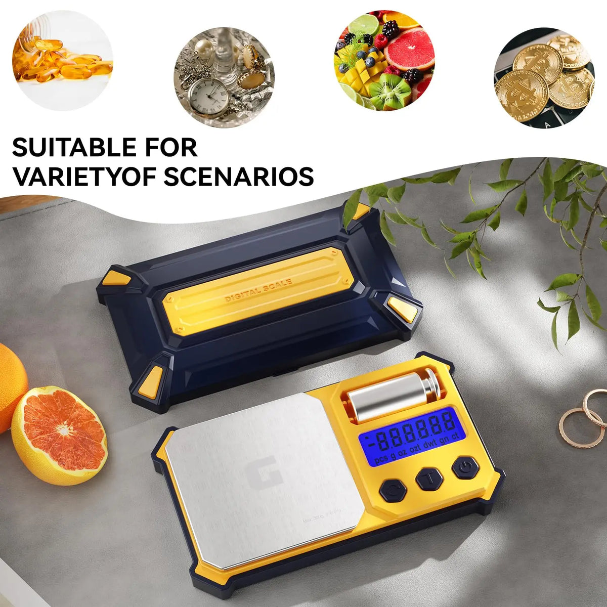 A blue and yellow digital pocket scale is shown with various food items, including citrus fruits and nuts, demonstrating its 