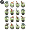 A set of 24 dinosaur-themed cupcake toppers featuring various dinosaur figures in green frosting.