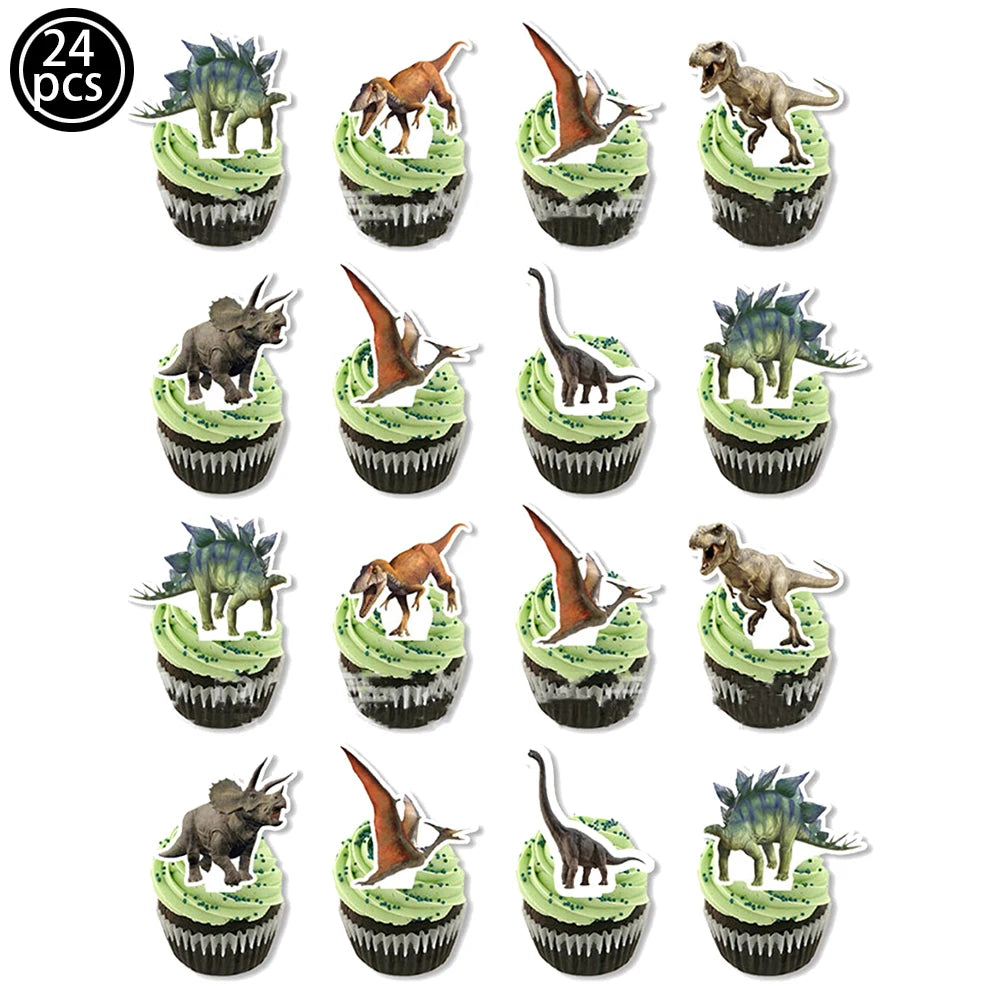 A set of 24 dinosaur-themed cupcake toppers featuring various dinosaur figures in green frosting.