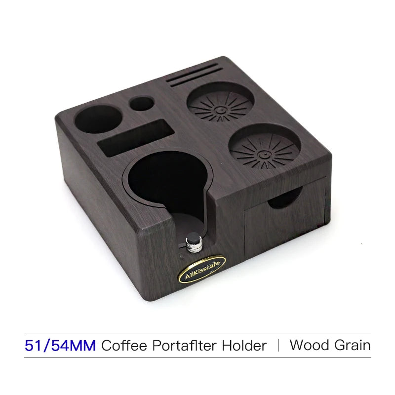A dark wood coffee portafilter holder with multiple sized cups and a small metal fitting.
