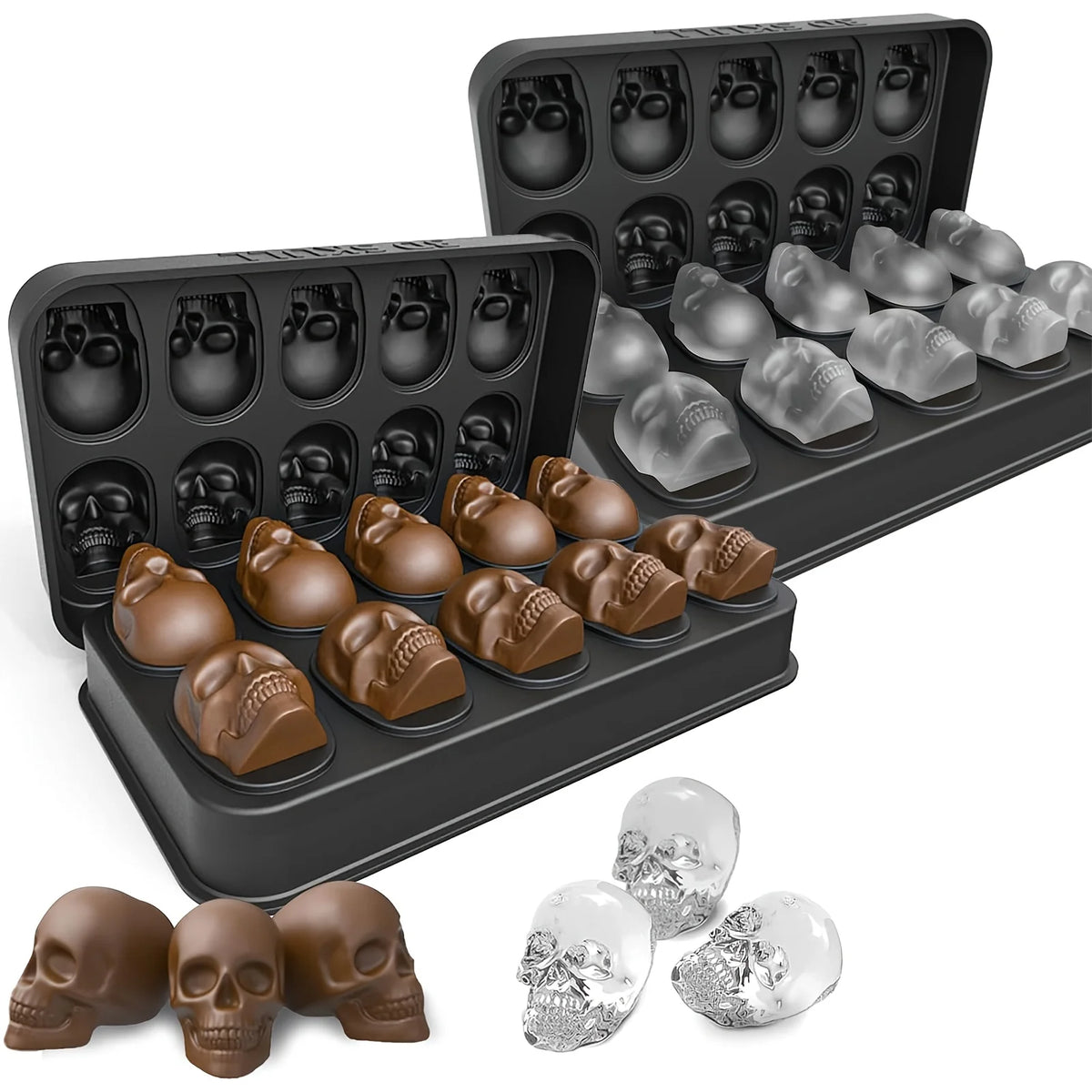 A set of black silicone skull ice cube molds and various clear and brown silicone skull ice cubes.