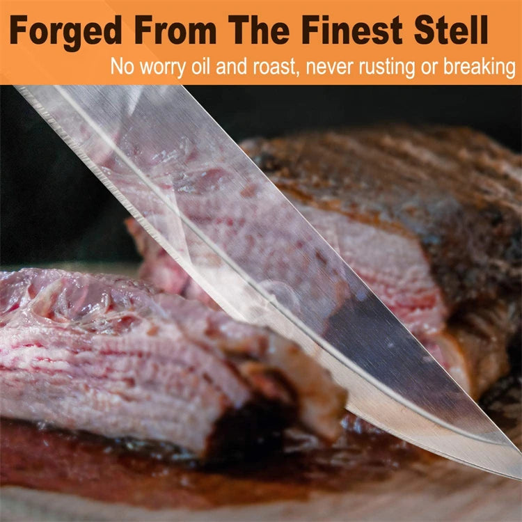 A close-up of a sliced steak on a cutting board with a stainless steel knife, highlighting the meat's texture.