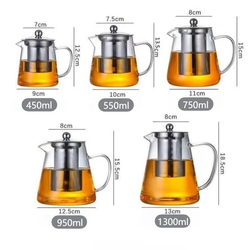A collection of heat-resistant glass teapots with stainless steel infusers in various sizes and capacities.