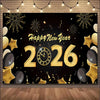 A dark background with gold confetti and fireworks celebrating Happy New Year 2026, featuring large golden numbers and a cloc
