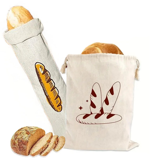 Beige wiederverwendbare Leinentopfbag mit Schnur, mit einer Darstellung eines Brotes.