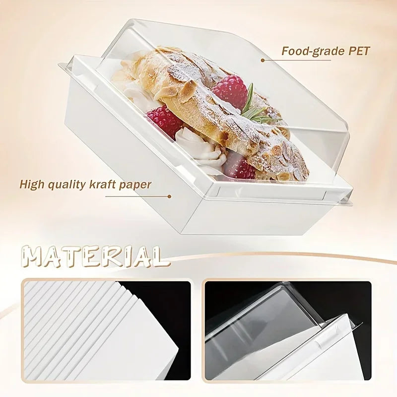 Clear food-grade PET square packing box holding a loaf of bread and fresh strawberries.