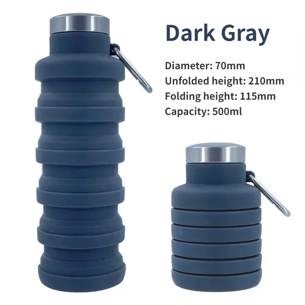 Dark gray collapsible silicone water bottle with a silver cap and magnetic closure.