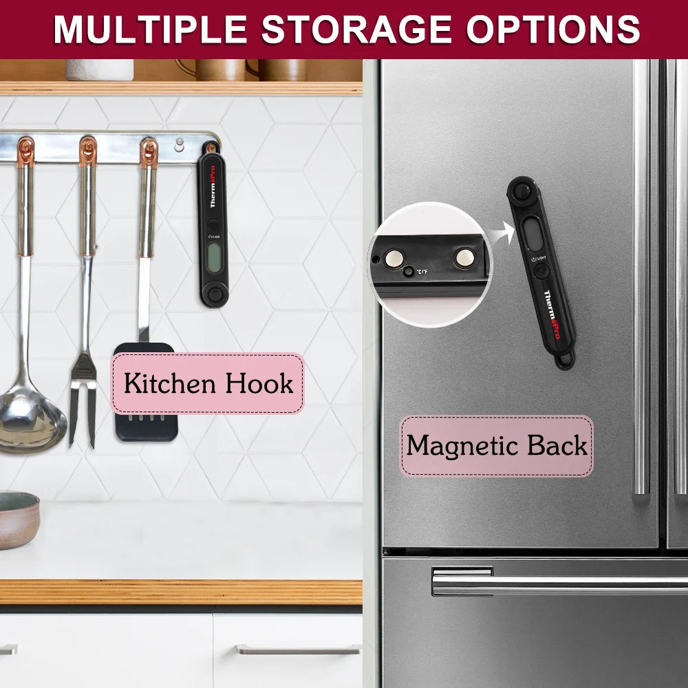 A digital kitchen meat thermometer with a folding probe is shown mounted on a kitchen hook and a magnetic back on a stainless
