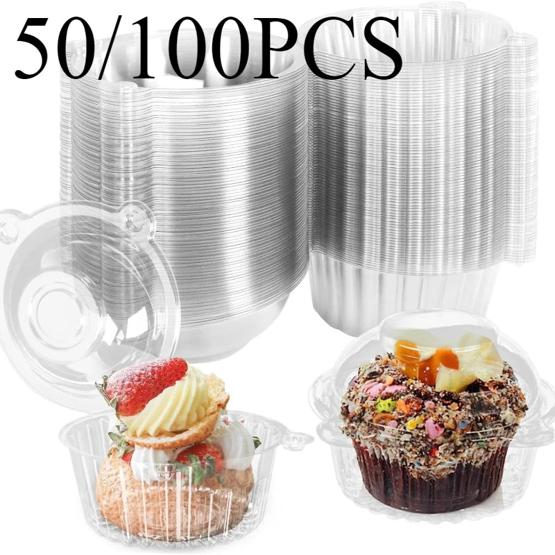 Clear plastic disposable cake boxes with decorative cat-head molds and various sizes