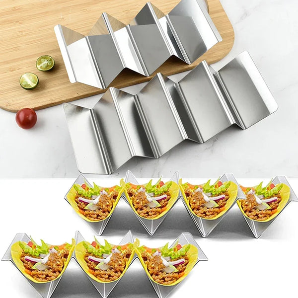 Stainless steel taco holder stand displaying various taco fillings and ingredients.