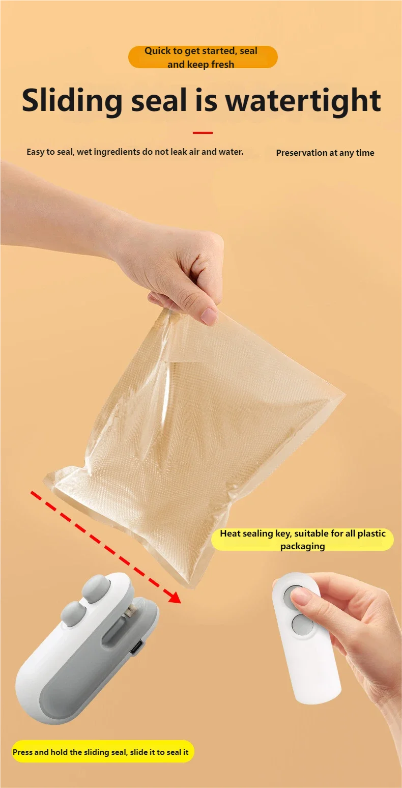 A hand is pressing a sliding seal onto a plastic bag to make it watertight for food preservation.