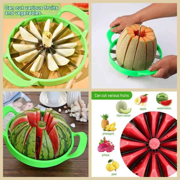 Stainless steel watermelon slicer demonstrating how to cut various fruits and vegetables.