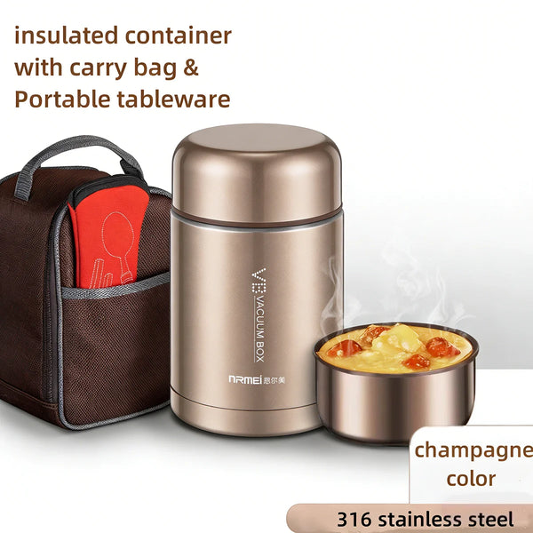 A copper-colored insulated stainless steel food jar with a lid and a carrying bag and a red spoon.
