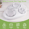 A white multi-function egg slicer and fruit cutter shown with various cutting discs and a container unit.