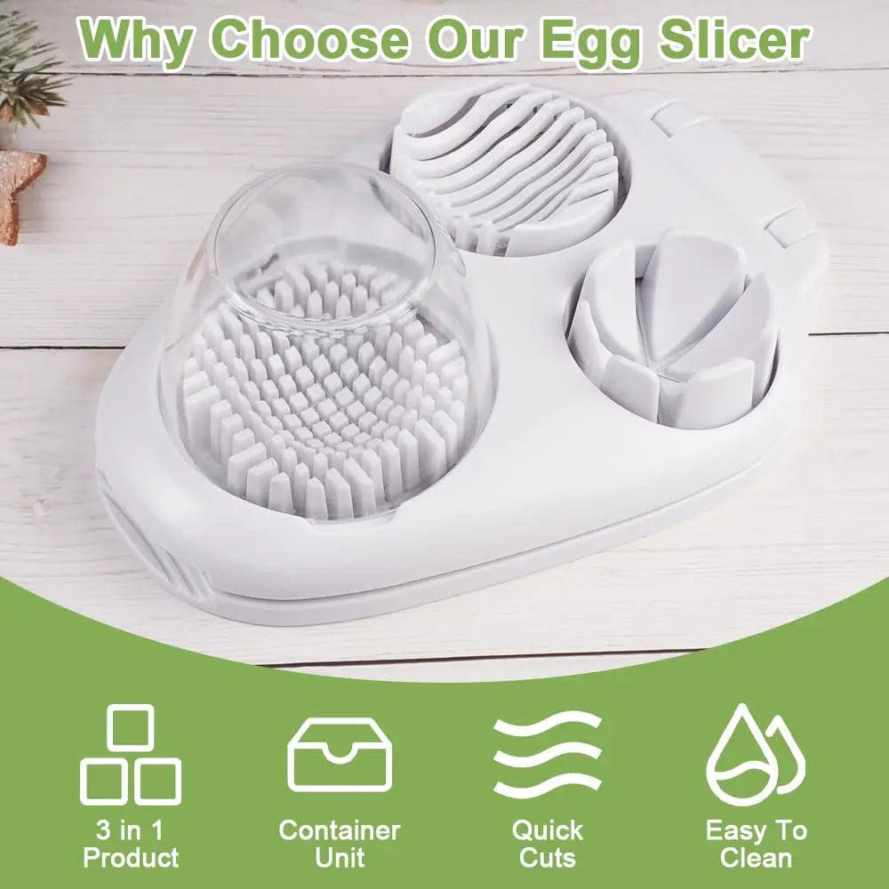 A white multi-function egg slicer and fruit cutter shown with various cutting discs and a container unit.