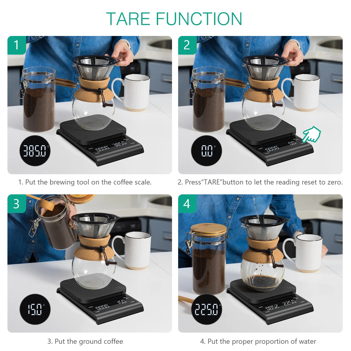 Demonstration of the TARE function on a digital coffee scale for precise coffee brewing measurements.