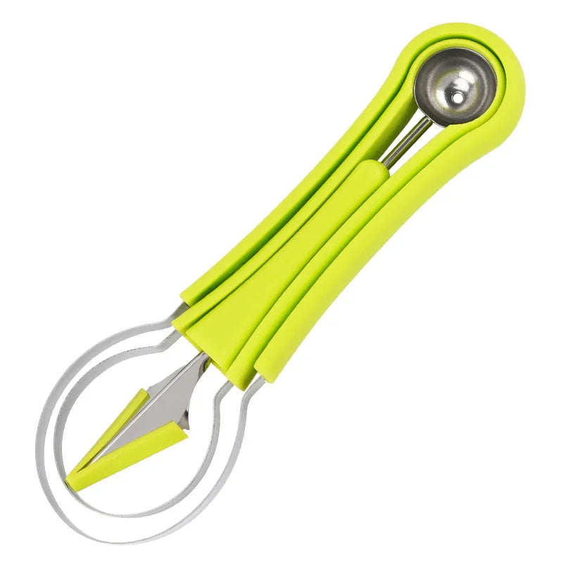 A bright lime green avocado cutter and fruit slicer with a stainless steel blade.
