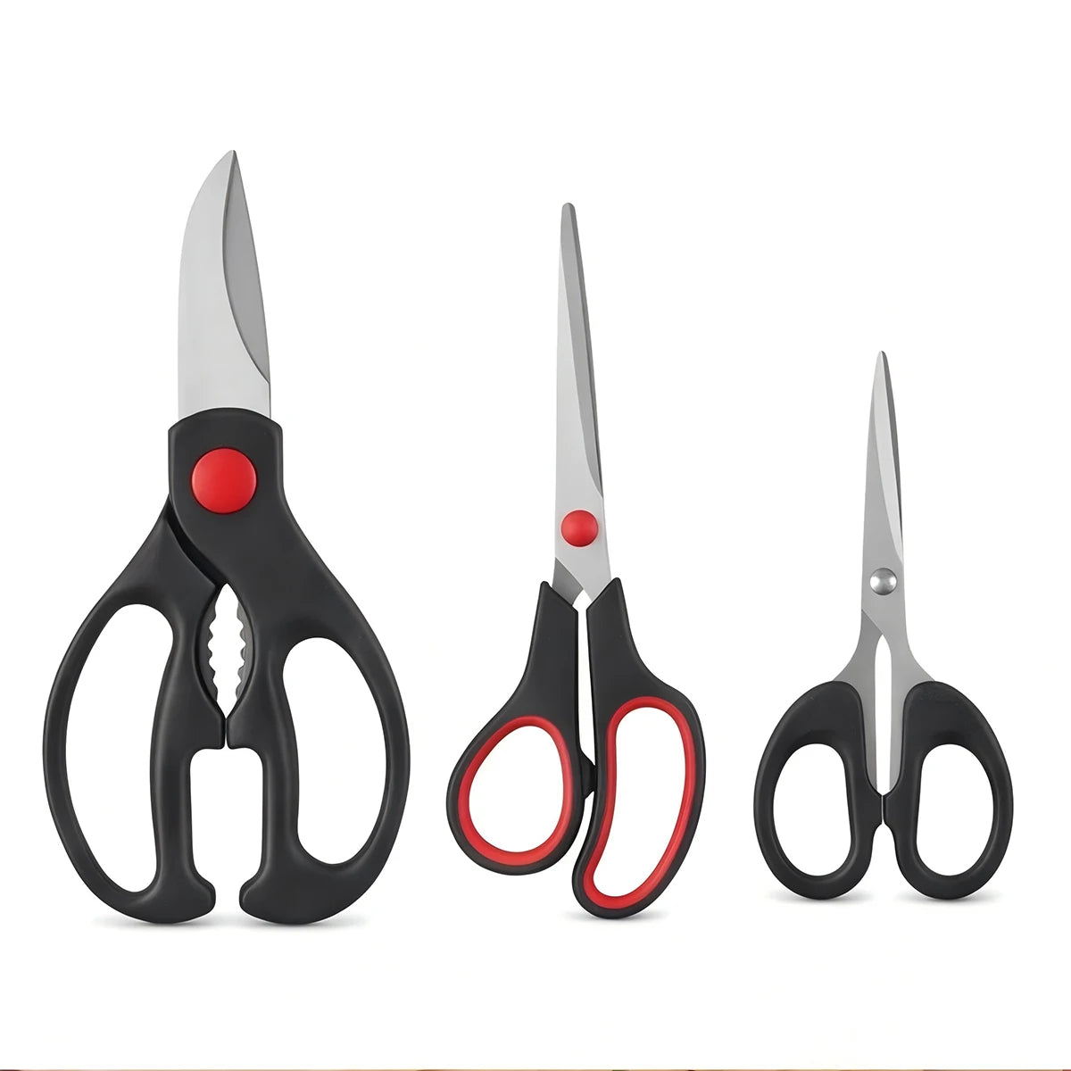 A set of multi-functional stainless steel kitchen scissors with black handles and silver blades.