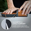 A hand holds a wooden knife sharpener demonstrating magnetic angle support for grinding.