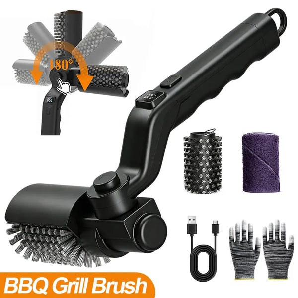 Black electric BBQ grill brush with bristles and a handle shown alongside replacement brush heads and power cord