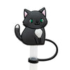 A black cat silicone straw cover with green eyes and pink ears mounted on a white stick.