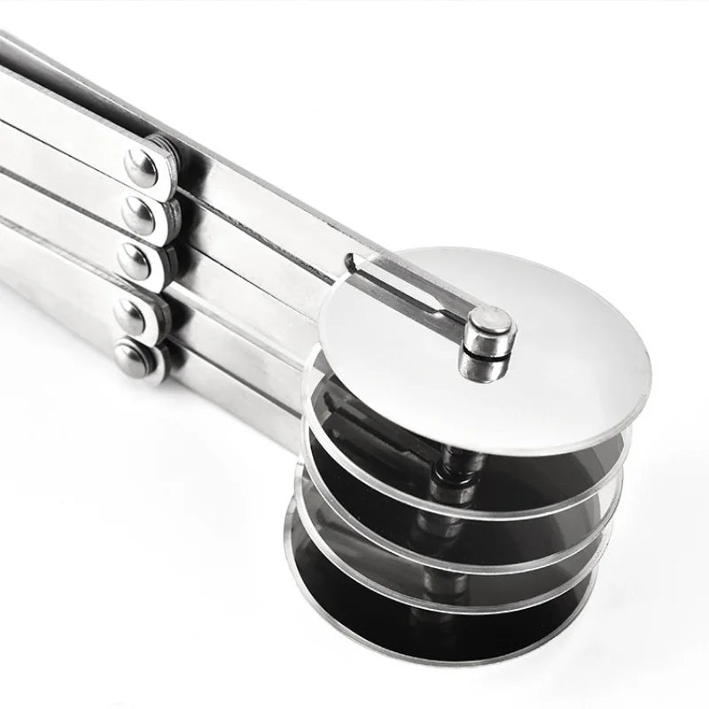 A silver multi-function dough cutter set with multiple circular blades stacked together.
