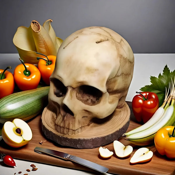 Dekkeres menschliches Schädel liegt auf einem Holzschneidebrett umgeben von frischen Produkten wie Tomaten und Mais.